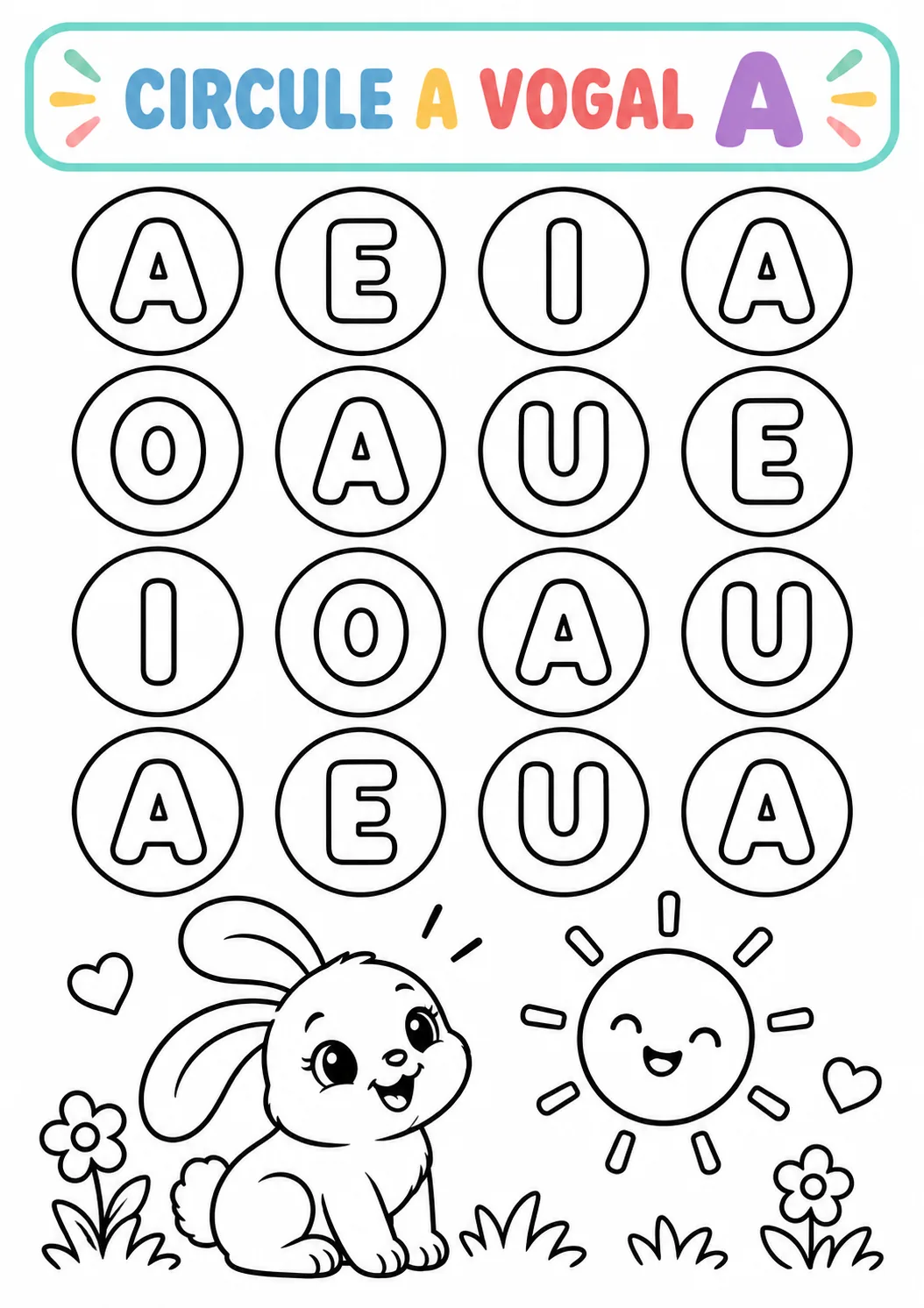 Atividade Circule a Vogal A com quadro de 16 vogais em bolinhas, coelhinho e sol sorridente para colorir