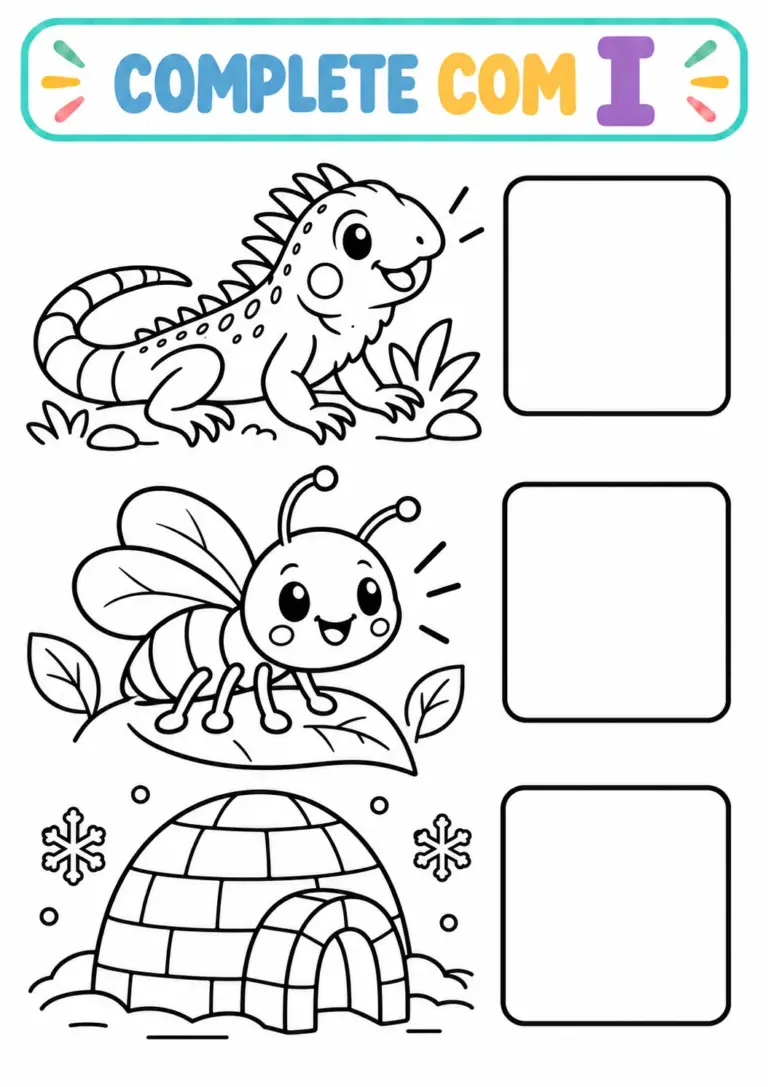 Atividade Complete com a vogal I com iguana, inseto e iglu e quadrinhos para escrever a letra inicial