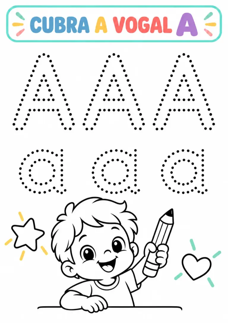 Atividade Cubra a Vogal A com três letras A maiúsculas e três a minúsculas em pontilhado e um menino segurando um lápis