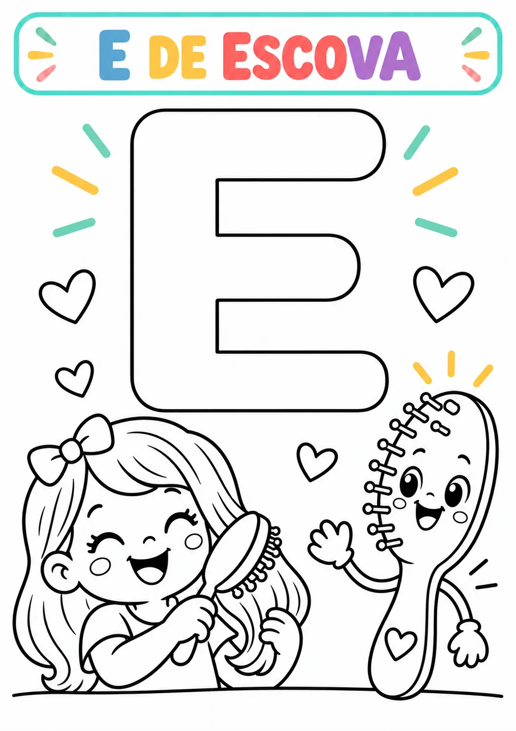 Atividade E de Escova para colorir com a vogal E grande e uma menina penteando o cabelo e uma escovinha sorridente