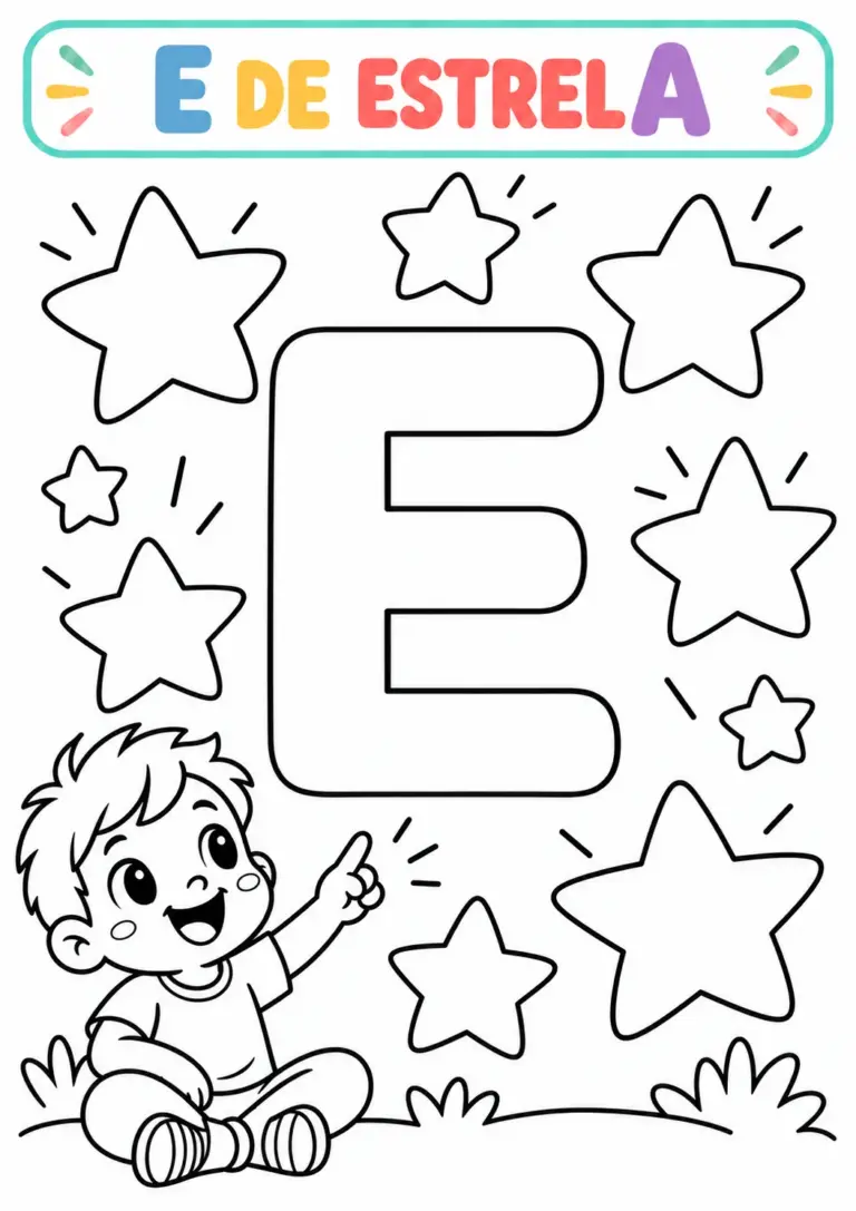 Atividade E de Estrela para colorir com a vogal E grande e um céu cheio de estrelas e um menino apontando para elas