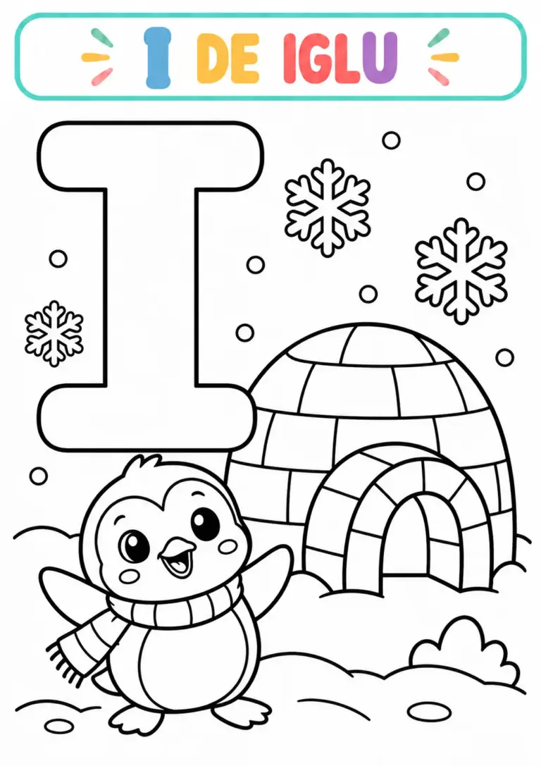 Atividade I de Iglu para colorir com a vogal I grande e um iglu, flocos de neve e um pinguim de cachecol