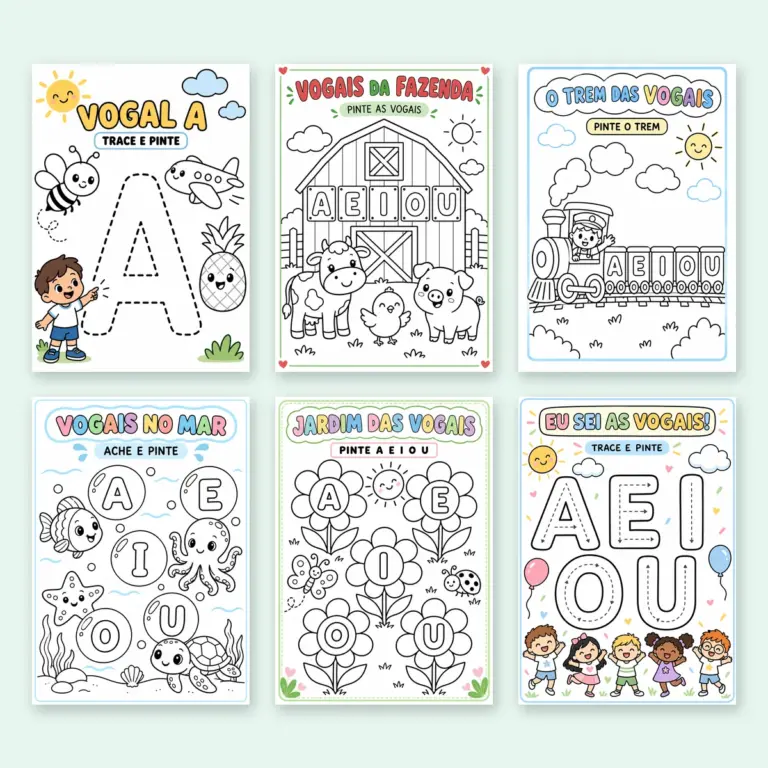 Capa do PDF Atividades de Vogais para Educação Infantil com seis páginas de exemplo: vogal A, fazenda, trem, mar, jardim e crianças