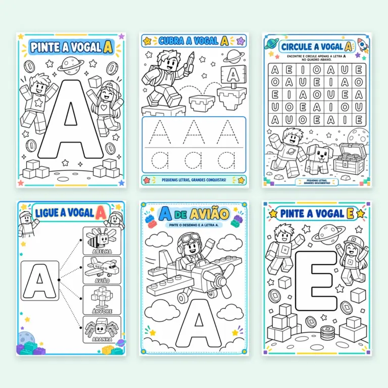 Capa do PDF Atividades de Vogais Tema Games e Blocos com seis páginas de exemplo, avatares de blocos, pets e moedas para pintar