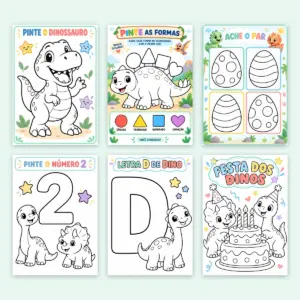 Atividades de dinossauros para imprimir em PDF A4, com 62 páginas para colorir, ligar, contar, traçar e jogar