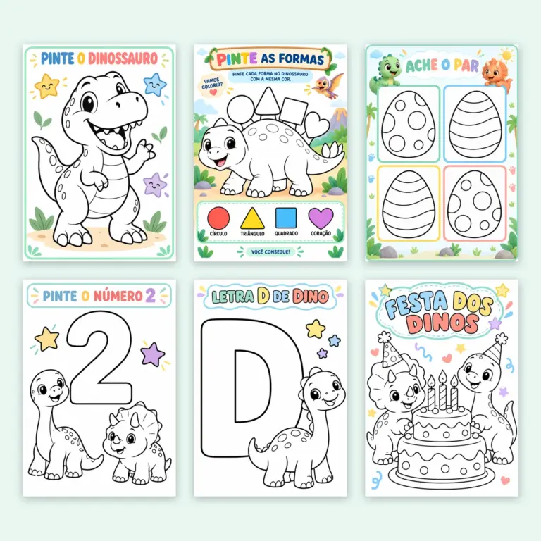 Atividades de dinossauros para imprimir em PDF A4, com 62 páginas para colorir, ligar, contar, traçar e jogar