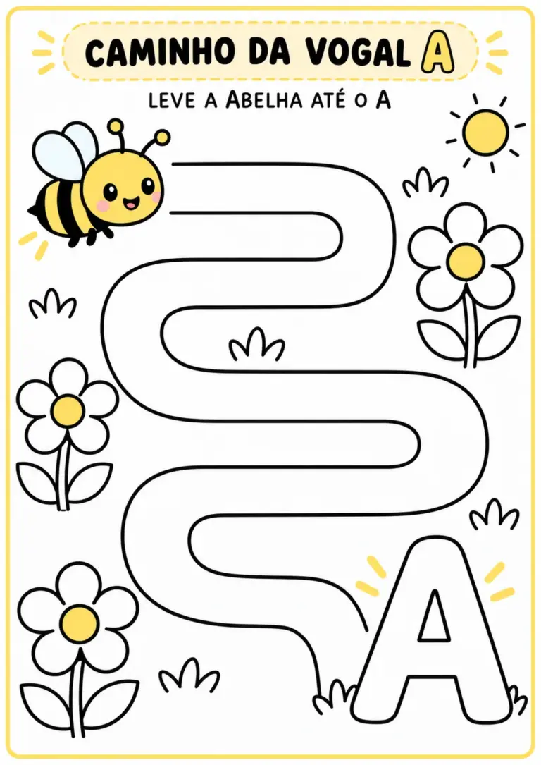 Atividade Caminho da Vogal A com uma abelha sorridente no início de um caminho sinuoso que termina na letra A grande, com flores e sol