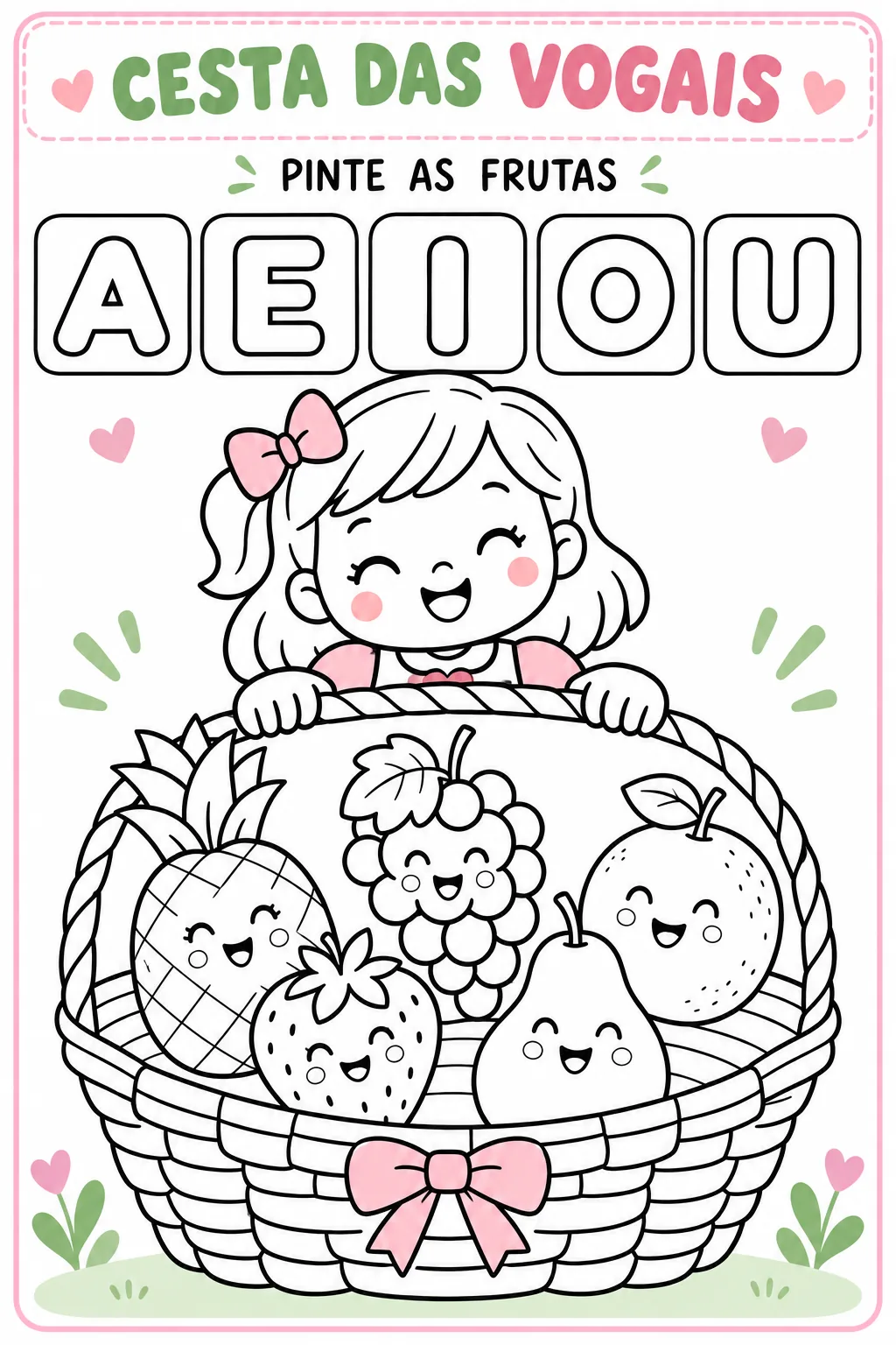 Atividade Cesta das Vogais para colorir com as vogais A, E, I, O e U em quadros no alto e uma menina sorridente atrás de uma cesta com abacaxi, uvas, morango, pera e outra fruta para pintar