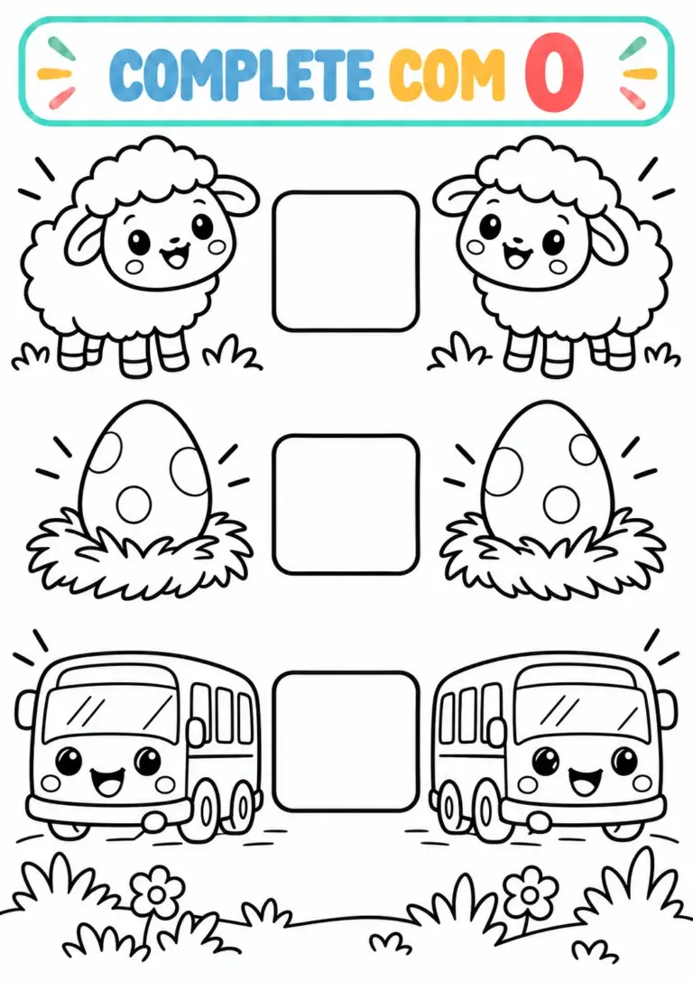 Atividade Complete com a vogal O com duas ovelhas, dois ovos e dois ônibus e quadrinhos para escrever a letra inicial