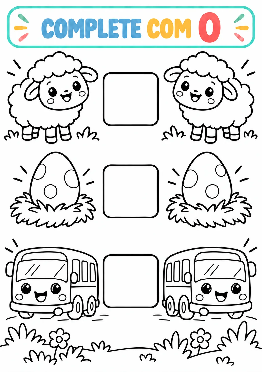 Atividade Complete com a vogal O com duas ovelhas, dois ovos e dois ônibus e quadrinhos para escrever a letra inicial