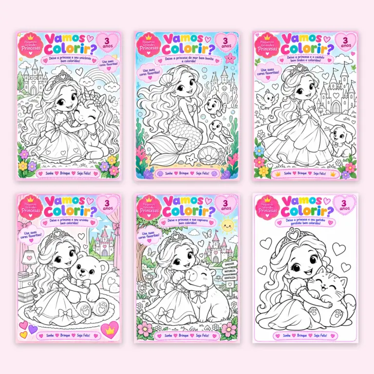 Desenhos de princesas para colorir e imprimir em PDF A4, com 25 páginas
