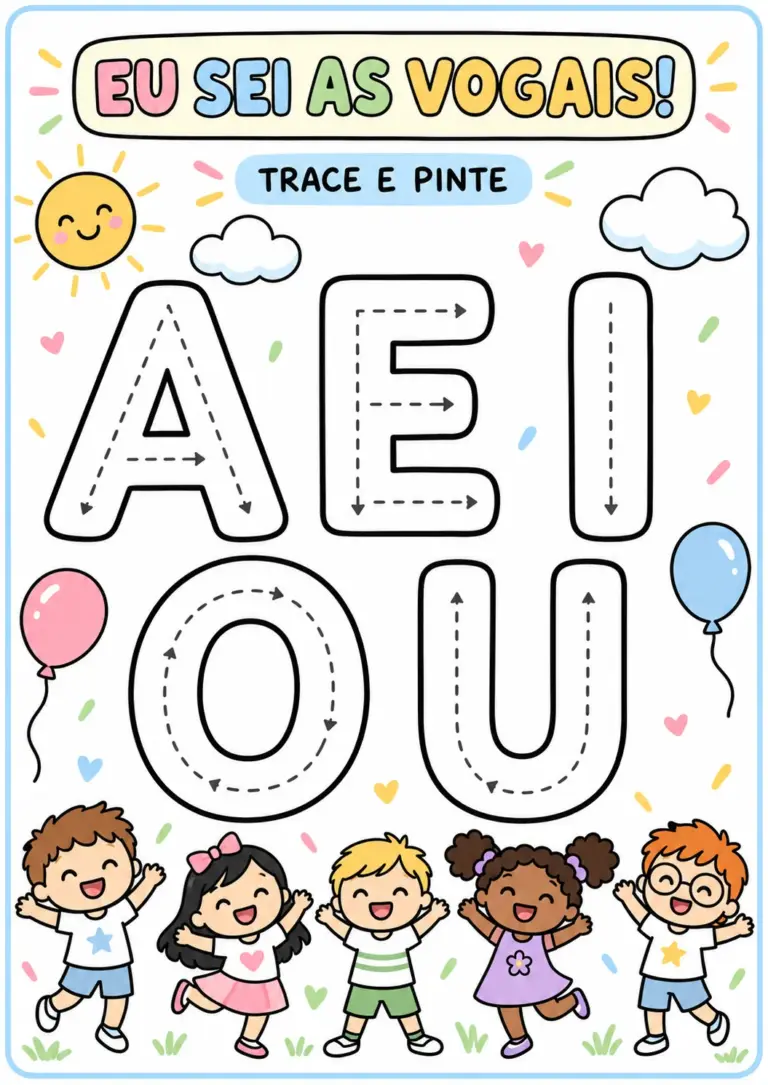 Atividade Eu Sei as Vogais para traçar e pintar com as letras A, E, I, O e U grandes com setas e pontilhado, balões e cinco crianças sorrindo