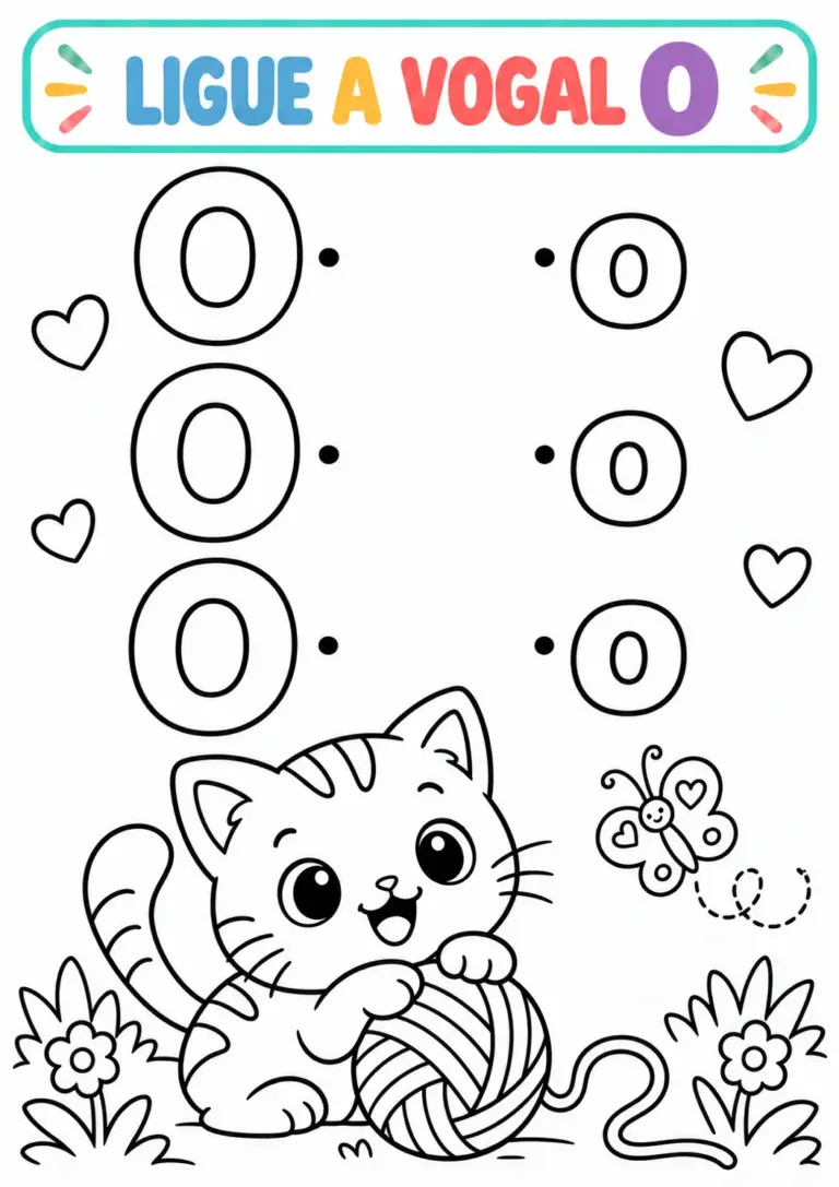 Atividade Ligue a Vogal O com três letras O maiúsculas e três o minúsculas para ligar e gatinho com novelo para colorir
