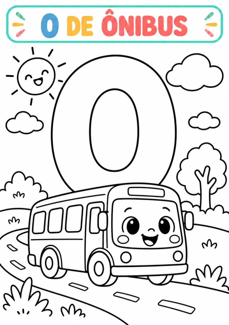 Atividade O de Ônibus para colorir com a vogal O grande e um ônibus sorridente na estrada, com sol, nuvens e árvores