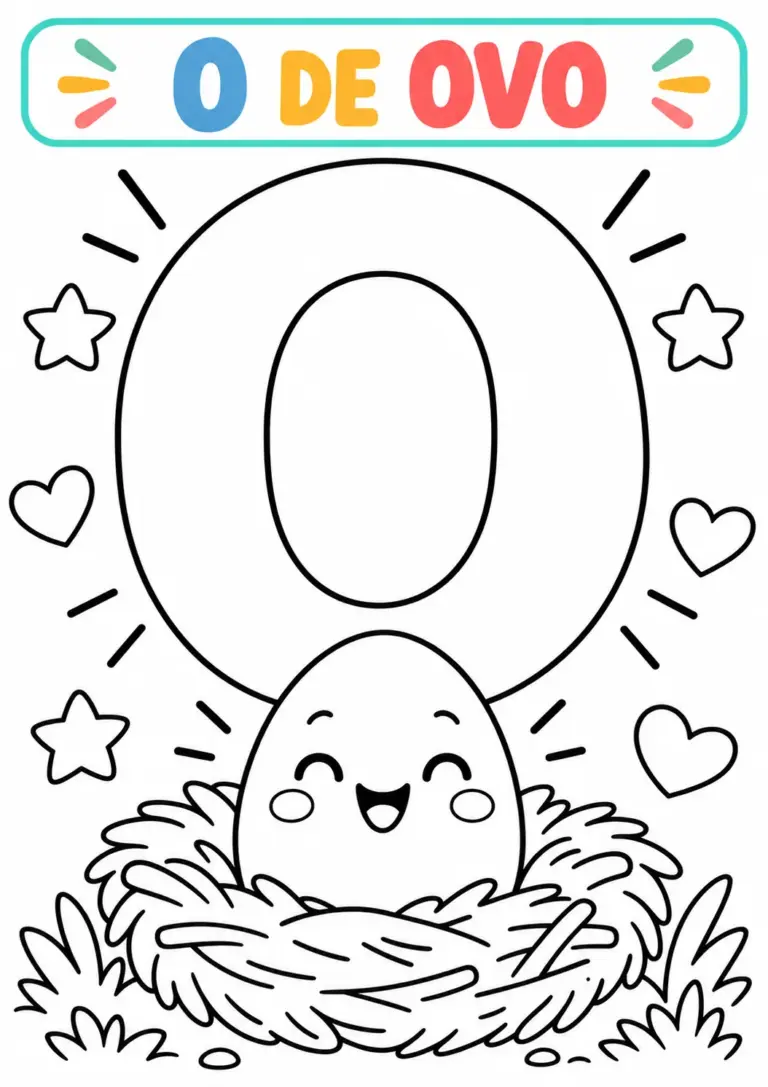 Atividade O de Ovo para colorir com a vogal O grande e um ovinho sorridente no ninho, com estrelas e corações