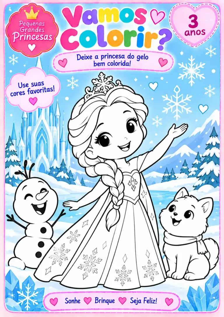 Desenho para colorir de uma princesa do gelo com vestido de flocos de neve, boneco de neve e raposinha, com castelo de gelo e montanhas nevadas ao fundo