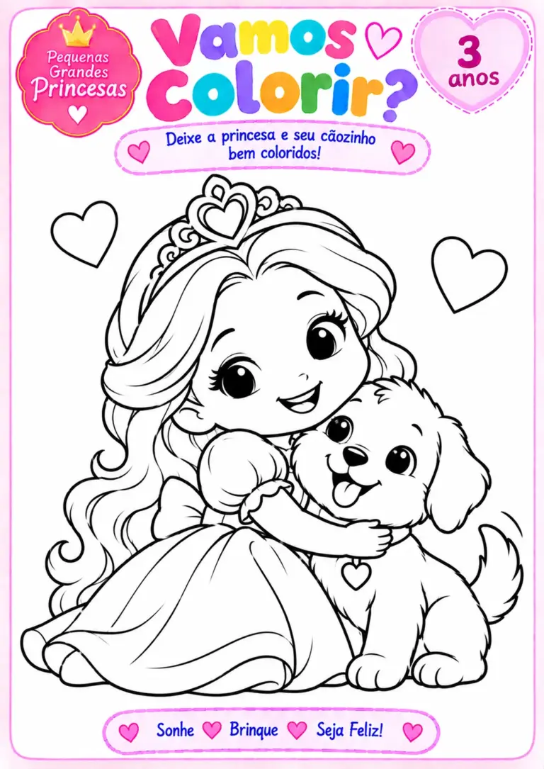 Desenho para colorir de uma princesa de coroa abraçando um cachorrinho peludo com pingente de coração, com corações ao redor