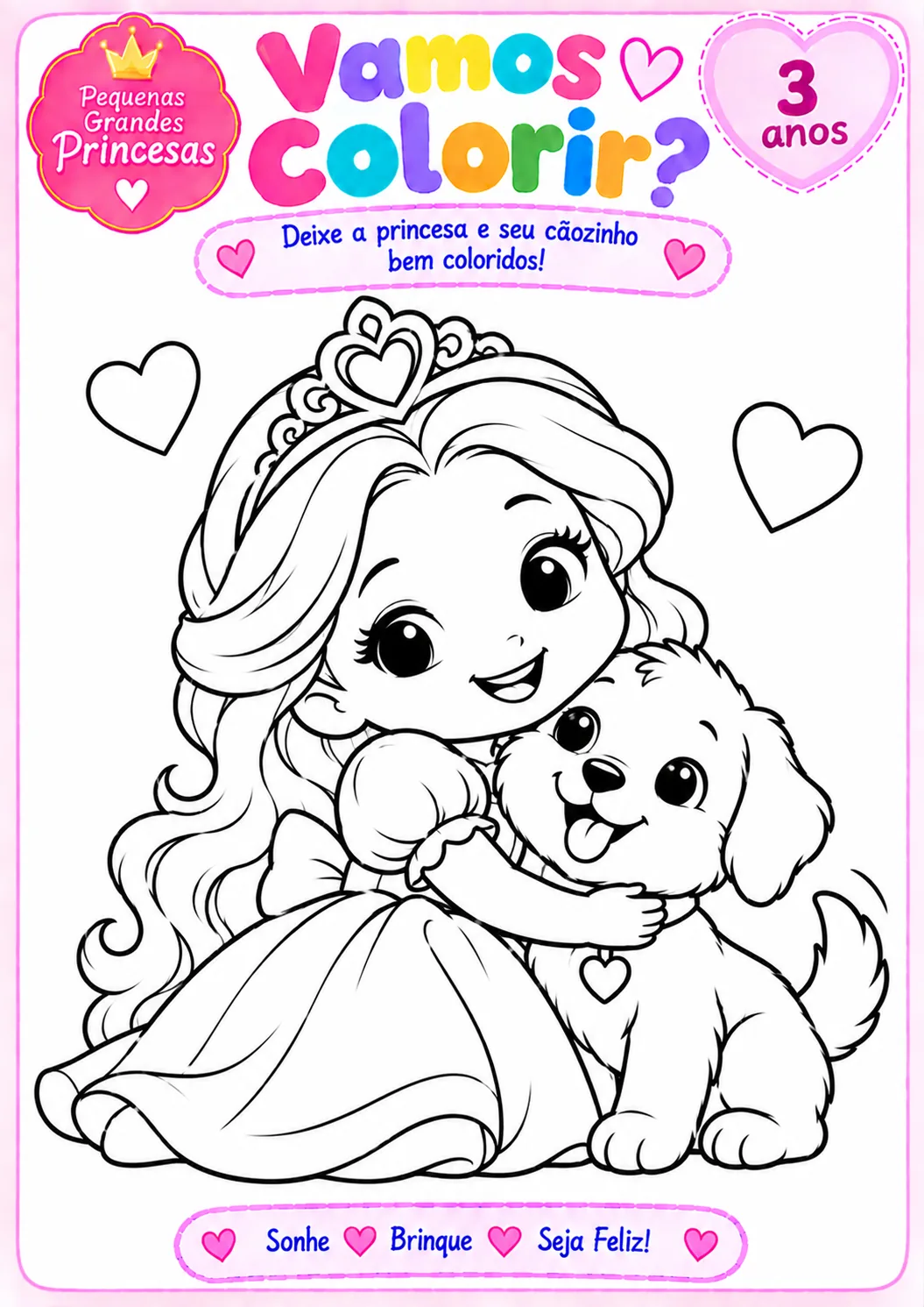 Desenho para colorir de uma princesa de coroa abraçando um cachorrinho peludo com pingente de coração, com corações ao redor