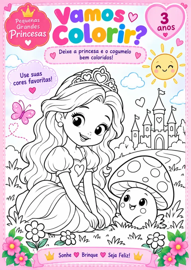 Desenho para colorir de uma princesa sentada na grama ao lado de um cogumelo sorridente, com castelo, sol e flores ao fundo