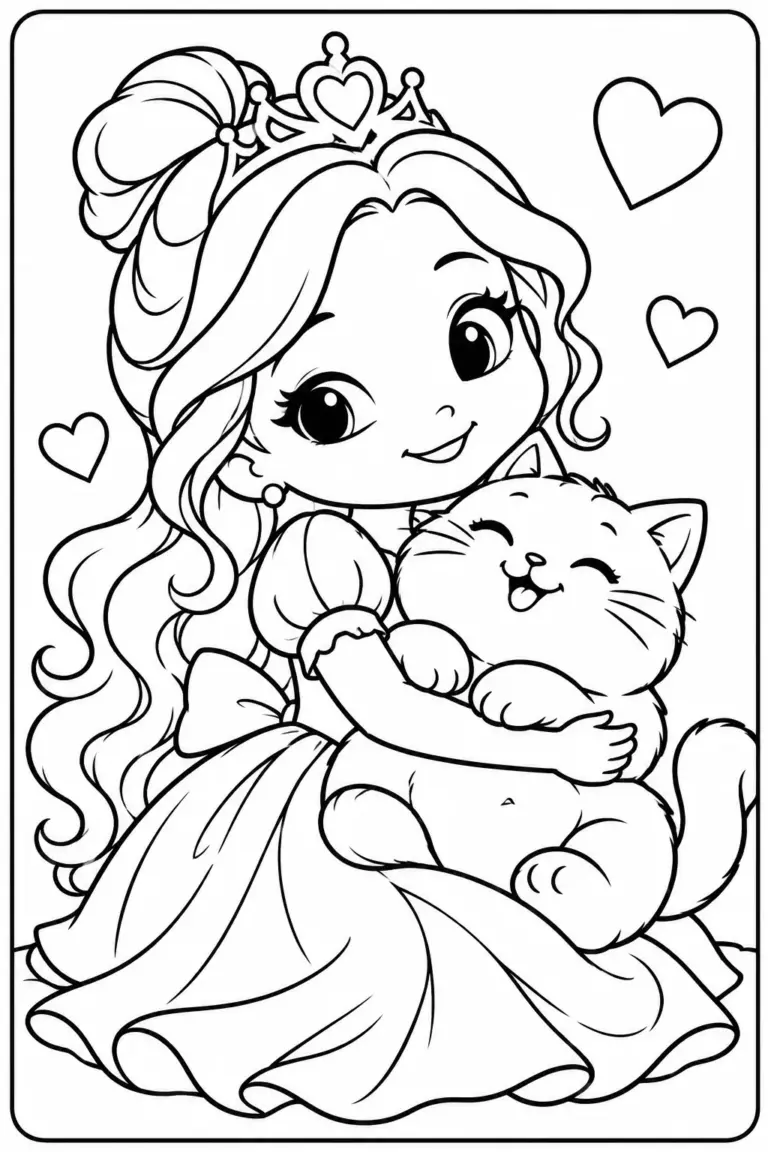 Desenho para colorir em preto e branco de uma princesa de coroa abraçando um gatinho fofo, com três corações ao redor