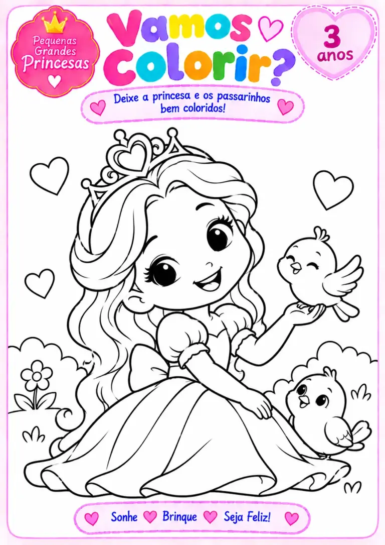Desenho para colorir de uma princesa de coroa com um passarinho pousado na mão e outro ao lado do vestido, com corações, flor e arbustos