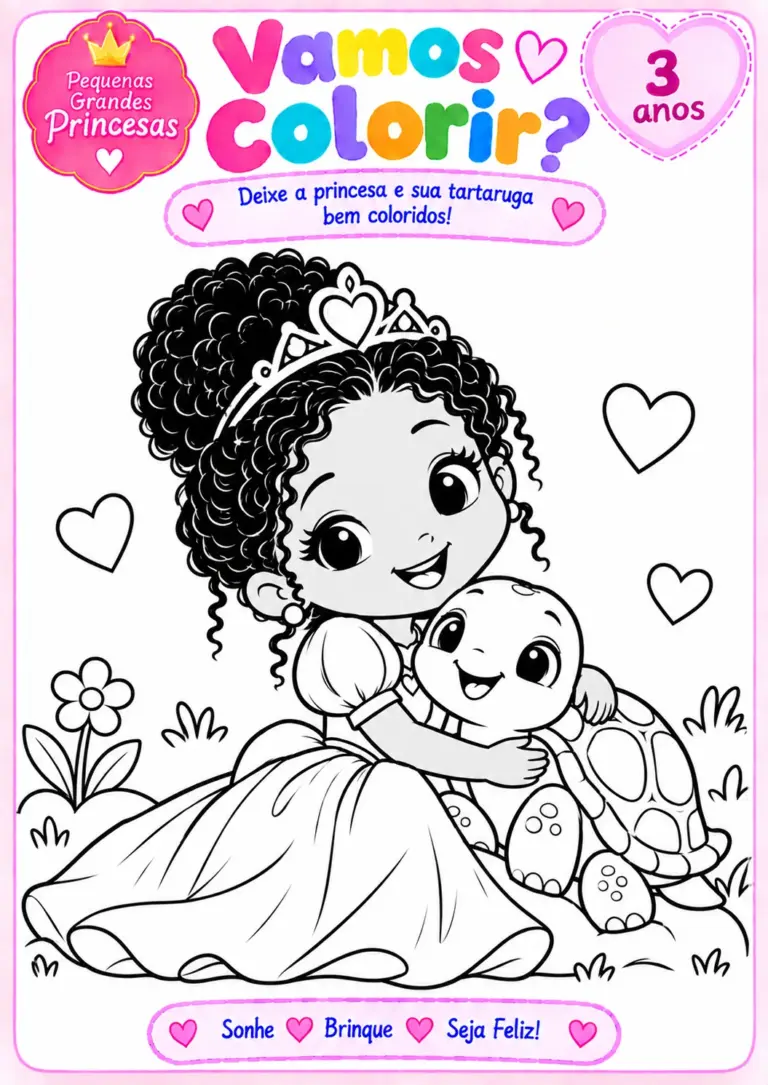Desenho para colorir de uma princesa de cabelo cacheado e coroa abraçando uma tartaruga sorridente, com corações, flor e capim