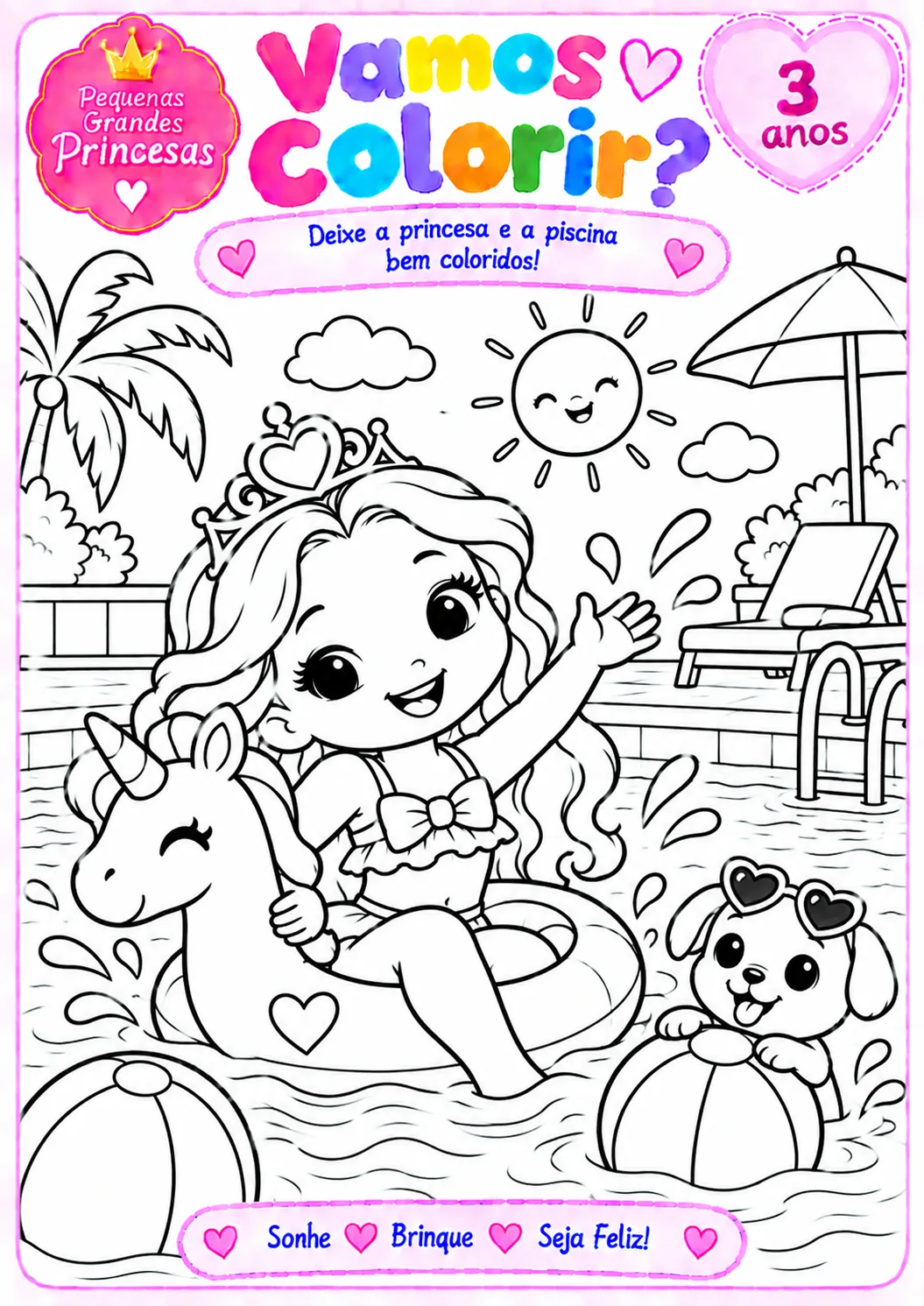 Desenho para colorir de uma princesa em uma boia de unicórnio na piscina, com cachorrinho de óculos, bolas, guarda-sol, espreguiçadeira e sol sorridente