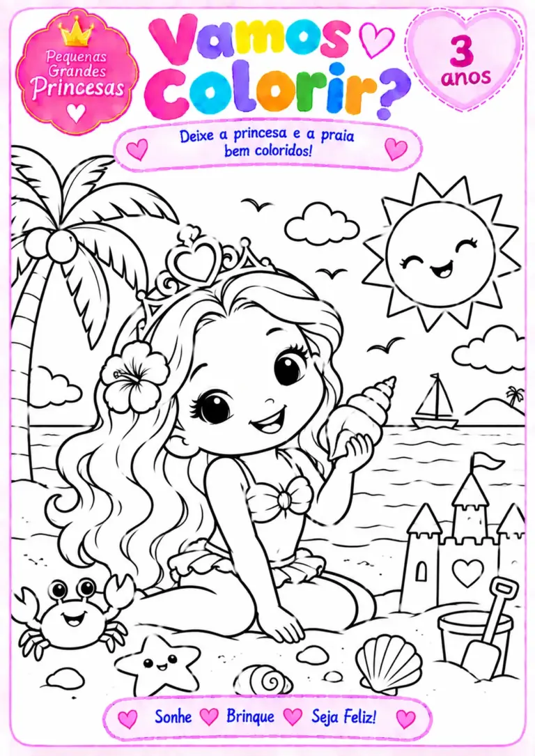 Desenho para colorir de uma princesa sentada na areia da praia segurando uma concha, com caranguejo, estrela-do-mar, castelo de areia, palmeira e sol sorridente