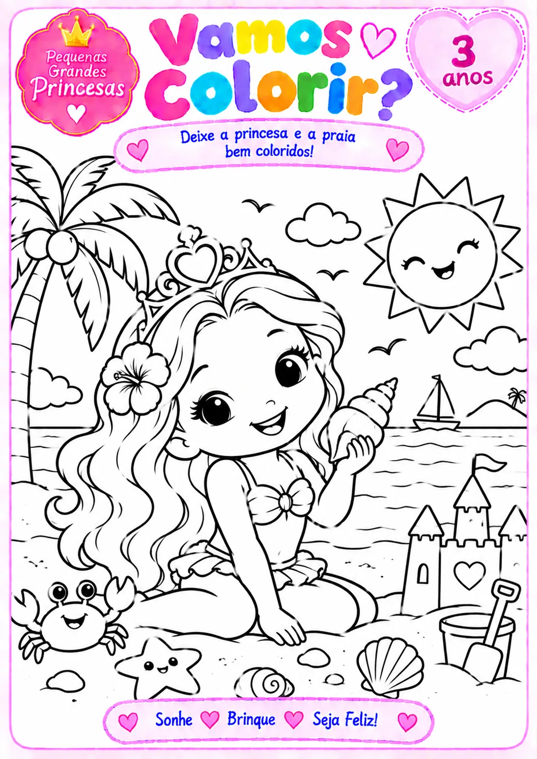 Desenho para colorir de uma princesa sentada na areia da praia segurando uma concha, com caranguejo, estrela-do-mar, castelo de areia, palmeira e sol sorridente