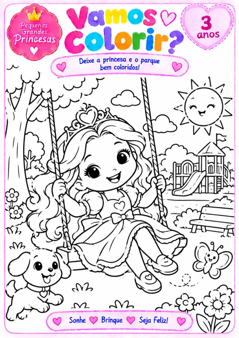 Desenho para colorir de uma princesa em um balanço no parquinho, com cachorrinho, borboleta, escorregador, banco, flores e sol sorridente