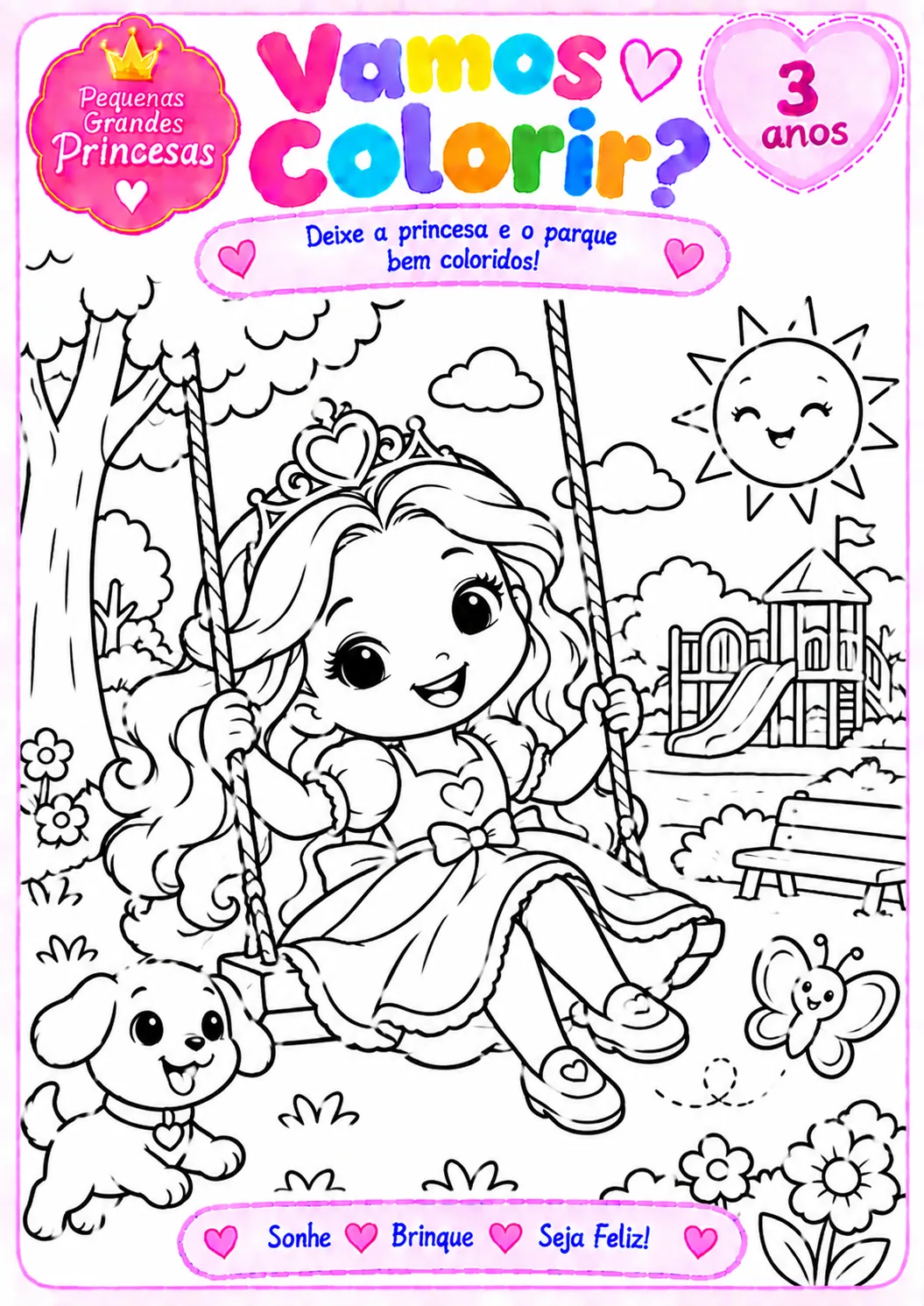 Desenho para colorir de uma princesa em um balanço no parquinho, com cachorrinho, borboleta, escorregador, banco, flores e sol sorridente
