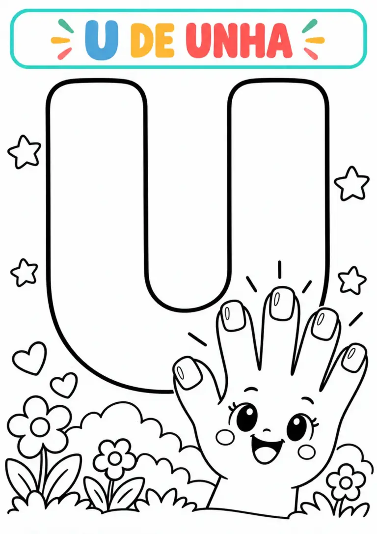 Atividade U de Unha para colorir com a vogal U grande e uma mãozinha sorridente com as unhas à mostra, flores e estrelas