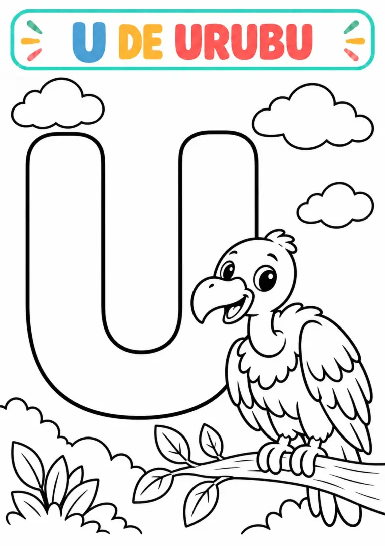 Atividade U de Urubu para colorir com a vogal U grande e um urubu simpático pousado no galho, com nuvens e folhas