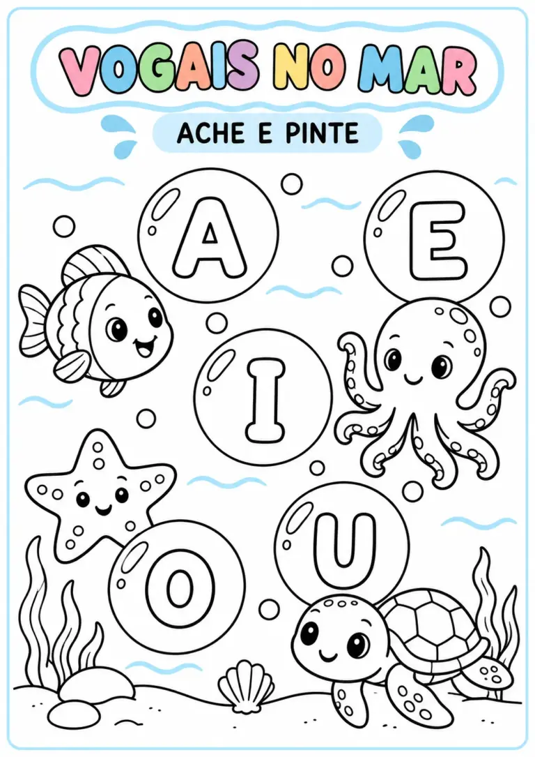 Atividade Vogais no Mar para colorir com as vogais A, E, I, O e U dentro de bolhas, um peixe, um polvo, uma estrela-do-mar e uma tartaruga