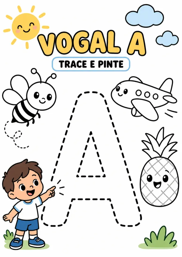 Atividade Vogal A para colorir e tracejar com a letra A grande pontilhada, uma abelha, um avião, um abacaxi e um menino apontando, com sol e nuvens
