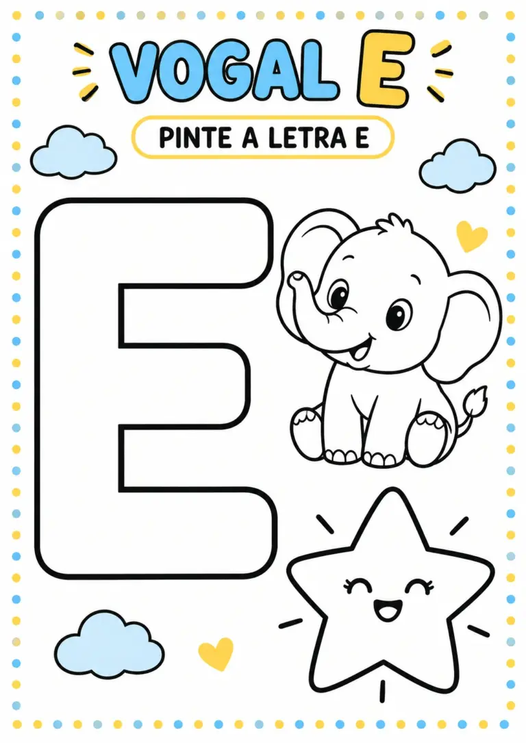 Atividade Vogal E para colorir com a letra E grande, um elefantinho e uma estrela sorridente para pintar, com moldura de bolinhas azuis e amarelas