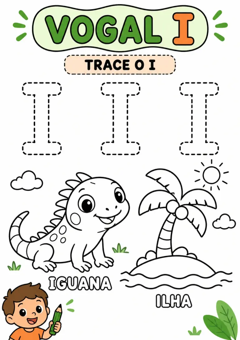Atividade Vogal I para colorir e tracejar com três letras I pontilhadas, uma iguana e uma ilha com palmeira para pintar, e um menino segurando um lápis verde