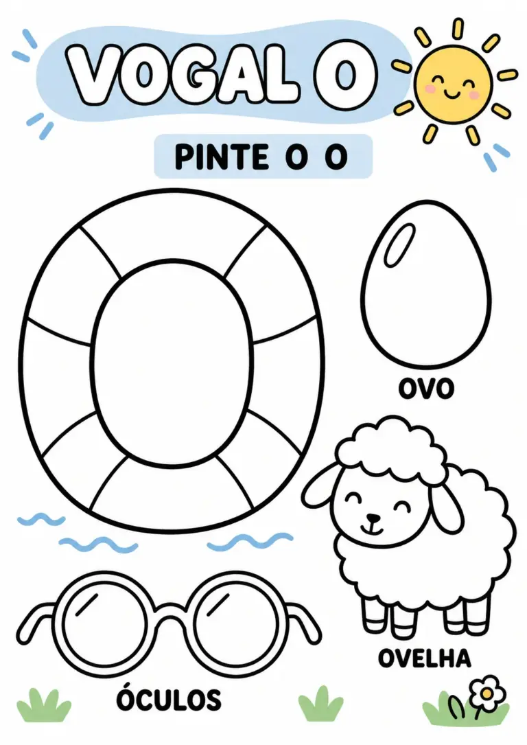 Atividade Vogal O para colorir com a letra O grande em forma de boia, um ovo, uma ovelha e um óculos para pintar, com sol e grama